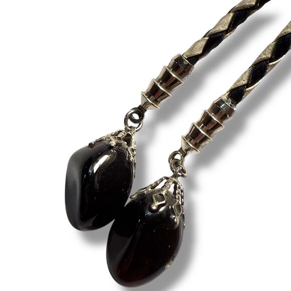 VTG Obsidian Bolo Tie Western Southwestern White Black Braid Cord Leather Unisex - Picture 11 of 12